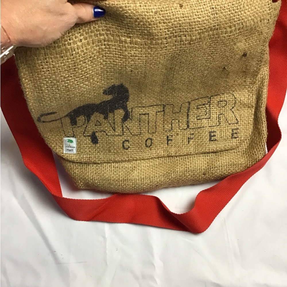 Panther Coffee Burlap Messenger Bag - Red Strap